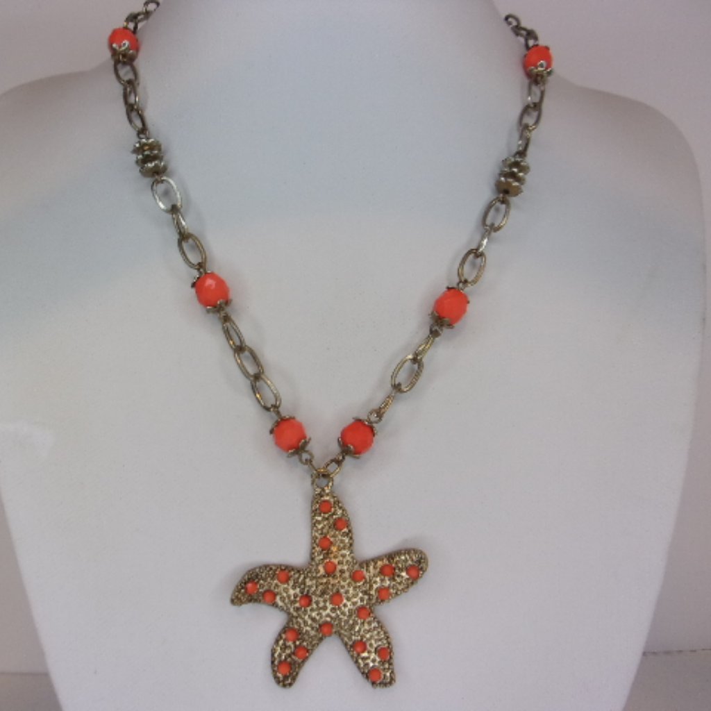 Orange Bead Starfish Pendant Choker Necklace 16 - 19 L 12$